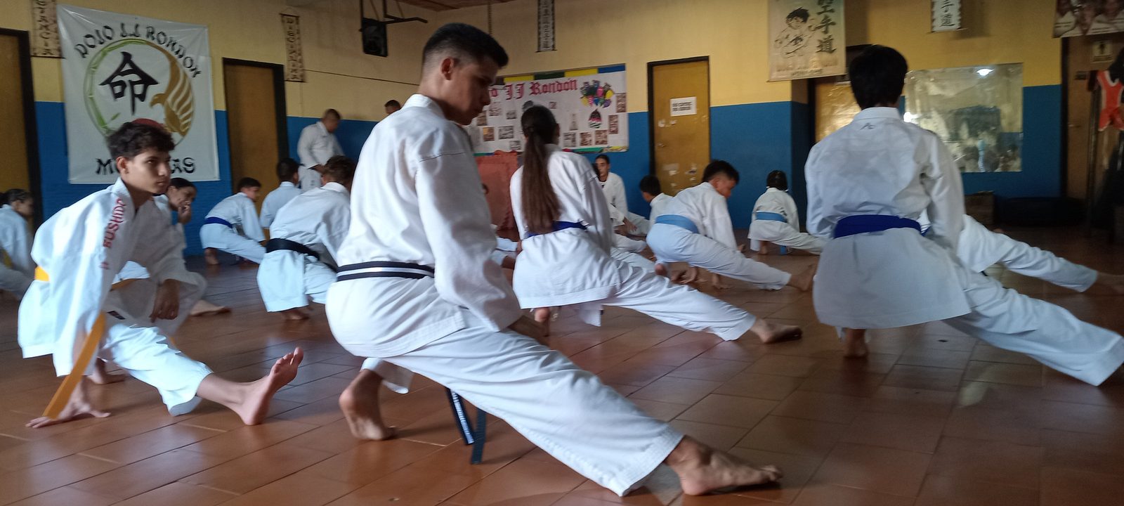 Alumnos estirando sobre el tatami en posiciones bajas, vistos desde el nivel del piso